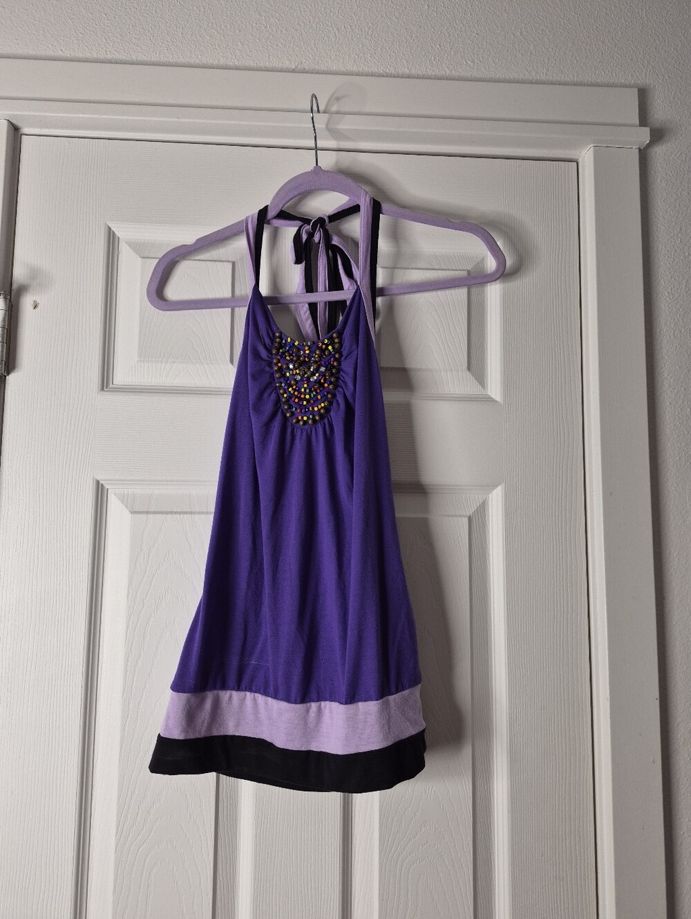 Y2k Medium Purple Halter Top with Beaded Front And Color Blocking